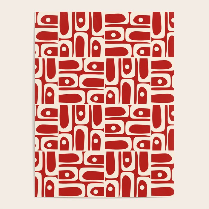 Mid Century Modern Piquet Abstract Geometric Multi Pattern in Retro Red and Cream Poster Gallery Image 1