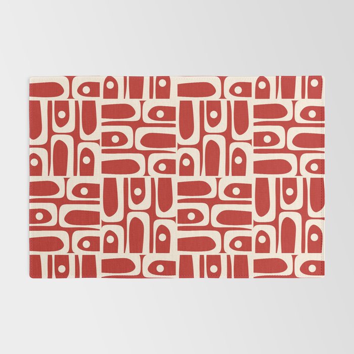 Mid Century Modern Piquet Abstract Geometric Multi Pattern in Retro Red and Cream Rug Gallery Image 2