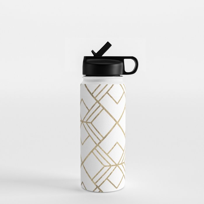 Geometrical white faux gold elegant stylish diamonds Water Bottle Gallery Image 1