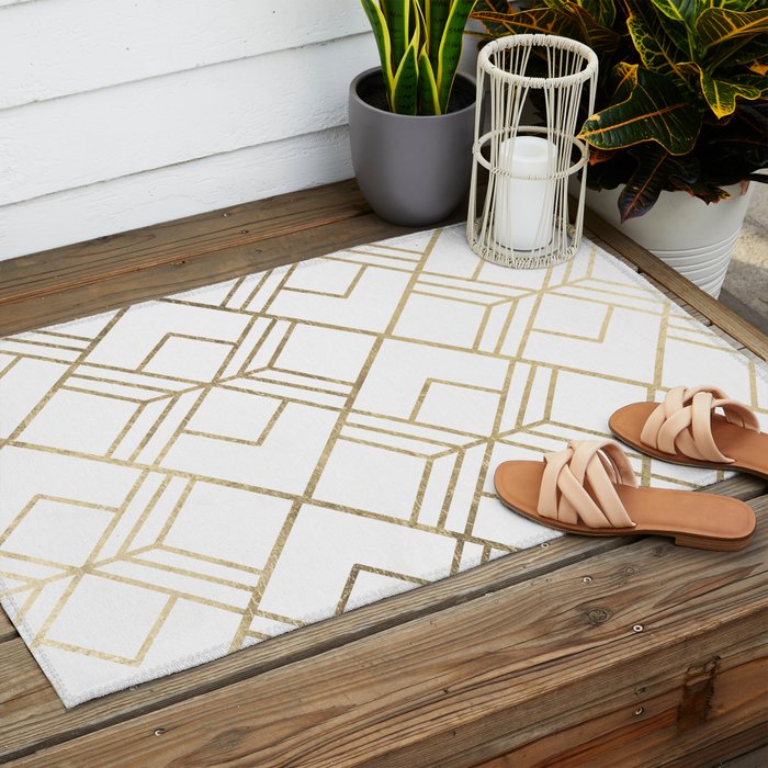 Geometrical white faux gold elegant stylish diamonds Outdoor Rug Gallery Image 2