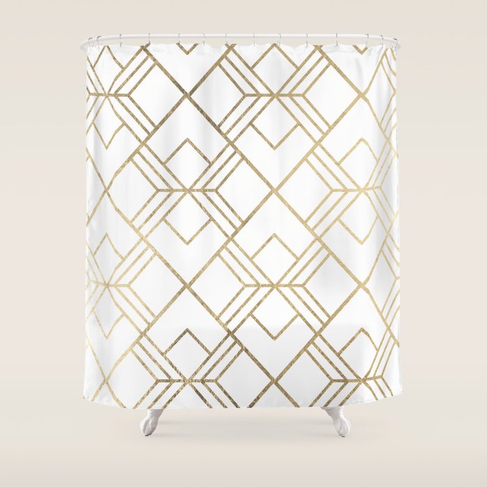 Geometrical white faux gold elegant stylish diamonds Shower Curtain Gallery Image 1