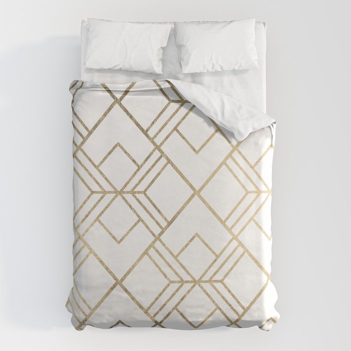 Geometrical white faux gold elegant stylish diamonds Duvet Cover Gallery Image 1