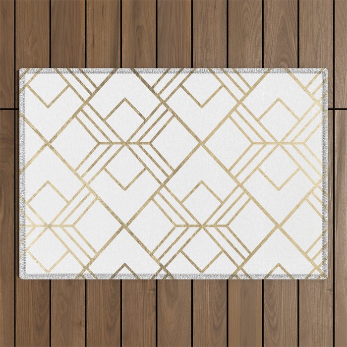 Geometrical white faux gold elegant stylish diamonds Outdoor Rug Gallery Image 1