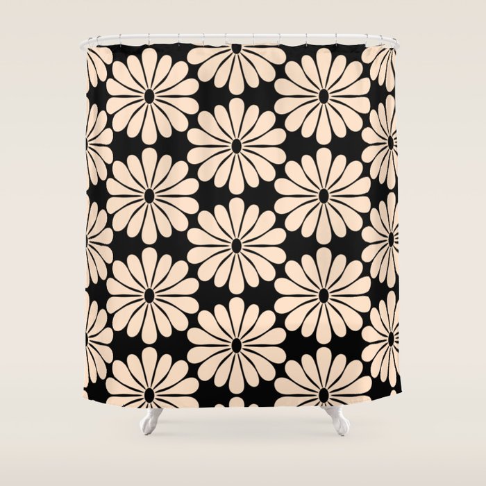 Black and White Retro Modern Daisy Shower Curtain Gallery Image 1