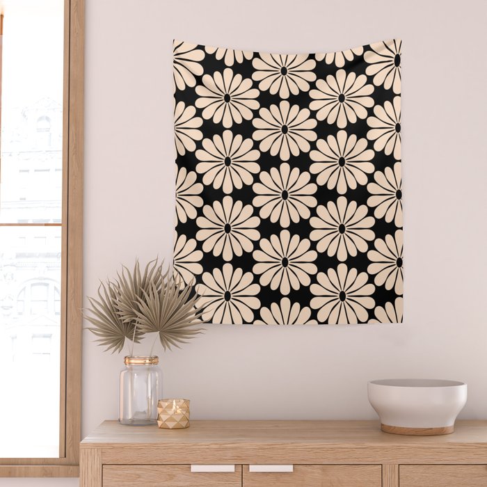 Black and White Retro Modern Daisy Wall Tapestry Gallery Image 2