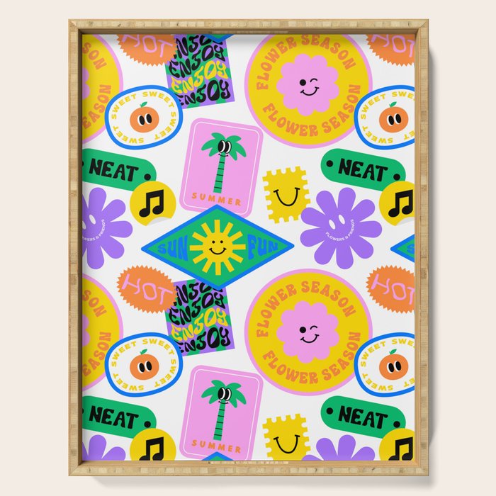 Retro funny sticker label cartoon pattern Serving Tray Gallery Image 1