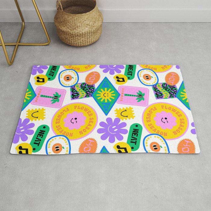 Retro funny sticker label cartoon pattern Rug Gallery Image 1