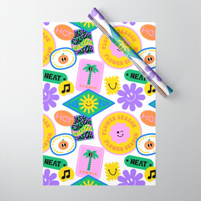 Retro funny sticker label cartoon pattern Wrapping Paper Gallery Image 1