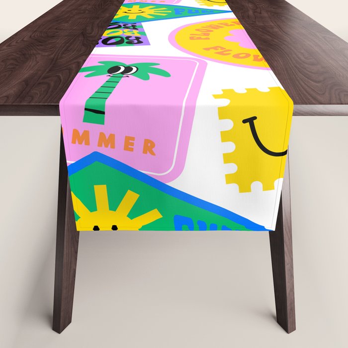 Retro funny sticker label cartoon pattern Table Runner Gallery Image 1