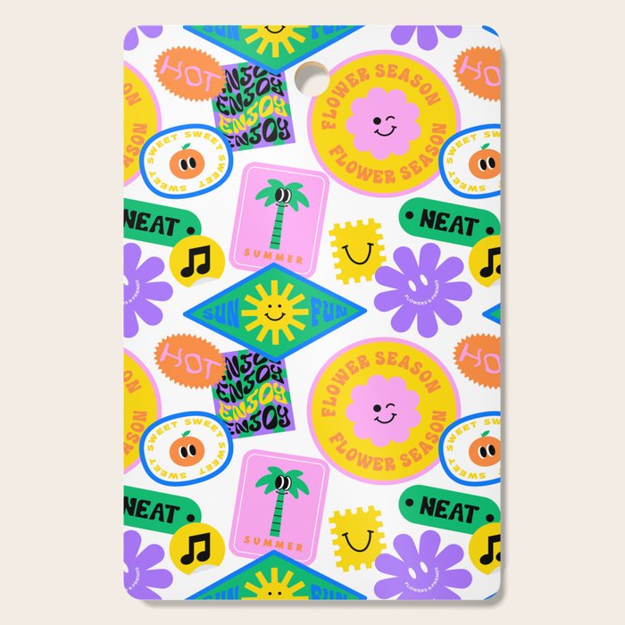 Retro funny sticker label cartoon pattern Cutting Board Gallery Image 1