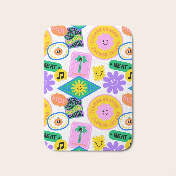 Retro funny sticker label cartoon pattern Bath Mat Gallery Image 1