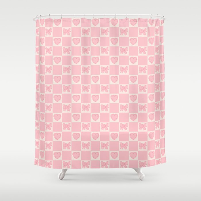 Pink Bow Checkered Print Shower Curtain Gallery Image 1