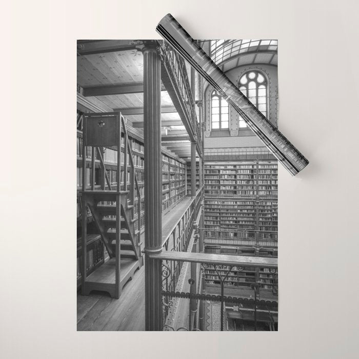 Black and white art library art print,  Rijksmuseum in Amsterdam - history architecture photography Wrapping Paper Gallery Image 1