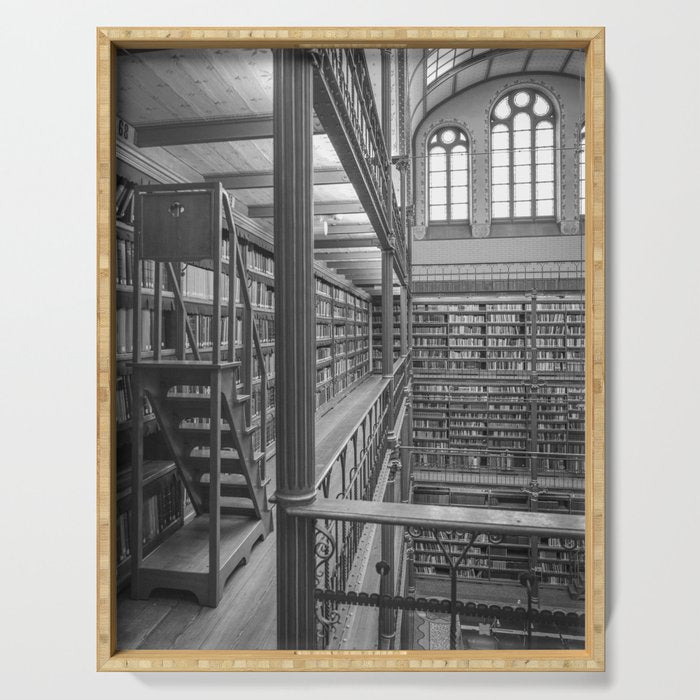 Black and white art library art print,  Rijksmuseum in Amsterdam - history architecture photography Serving Tray Gallery Image 1