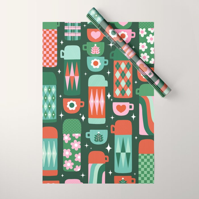 Retro Christmas Coffee Thermoses - Green Wrapping Paper Gallery Image 1