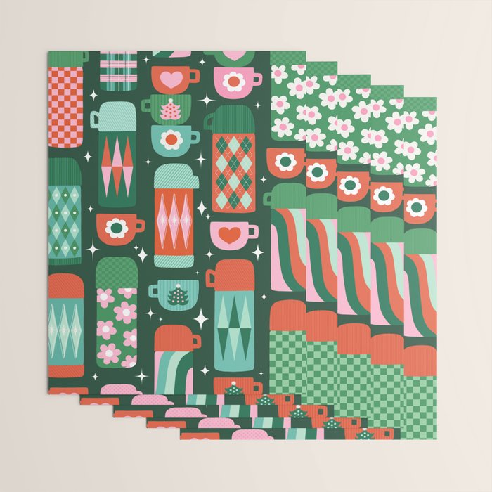 Retro Christmas Coffee Thermoses - Green Wrapping Paper Gallery Image 3