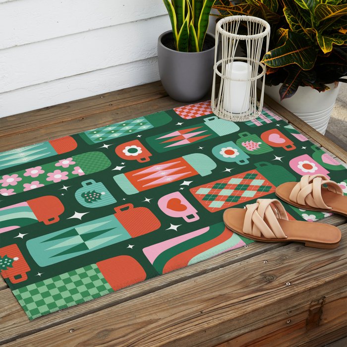 Retro Christmas Coffee Thermoses - Green Outdoor Rug Gallery Image 2
