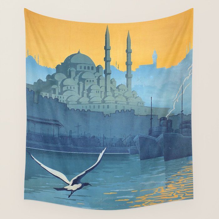 Mid Century Modern Travel Vintage Poster Istanbul Turkey Grand Mosque Wall Tapestry Gallery Image 1