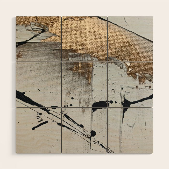 Still: an abstract mixed media piece in black, white, and gold by Alyssa Hamilton Art Wood Wall Art Gallery Image 1