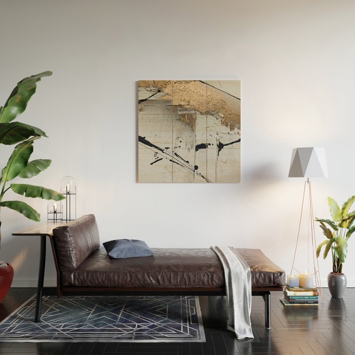 Still: an abstract mixed media piece in black, white, and gold by Alyssa Hamilton Art Wood Wall Art Gallery Image 2