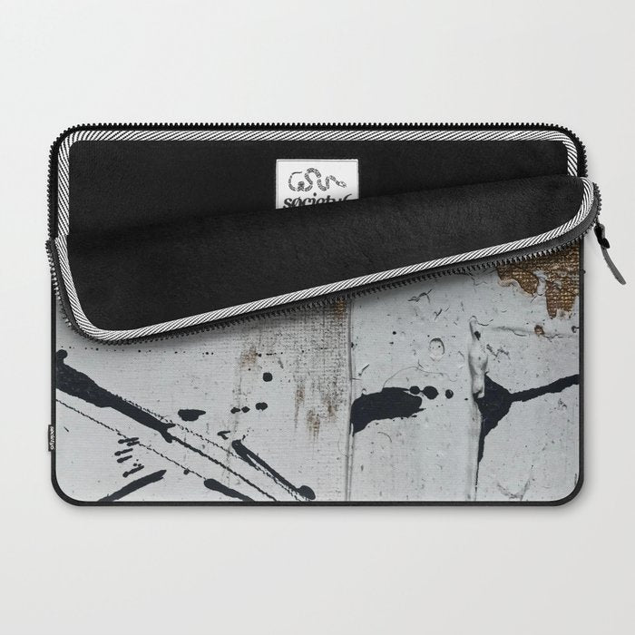 Still: an abstract mixed media piece in black, white, and gold by Alyssa Hamilton Art Laptop Sleeve Gallery Image 2
