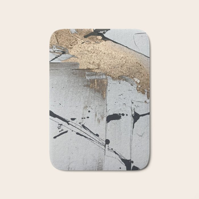 Still: an abstract mixed media piece in black, white, and gold by Alyssa Hamilton Art Bath Mat Gallery Image 1