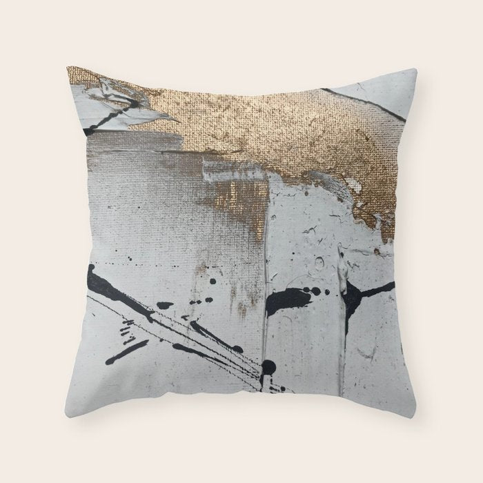 Still: an abstract mixed media piece in black, white, and gold by Alyssa Hamilton Art Throw Pillow Gallery Image 6