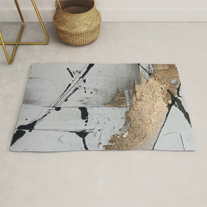 Still: an abstract mixed media piece in black, white, and gold by Alyssa Hamilton Art Rug Gallery Image 1