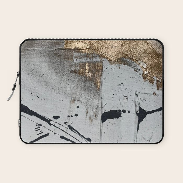 Still: an abstract mixed media piece in black, white, and gold by Alyssa Hamilton Art Laptop Sleeve Gallery Image 1