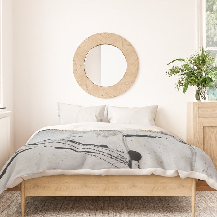 Still: an abstract mixed media piece in black, white, and gold by Alyssa Hamilton Art Duvet Cover Gallery Image 3