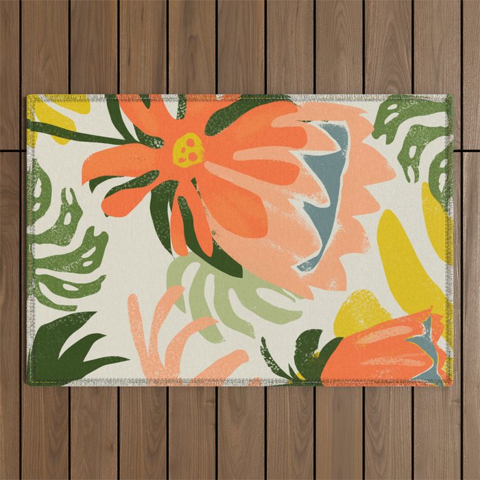 Flowers & Rain, Summer Floral Nature Botanical Painting, Modern Colorful Bohemian Illustration Outdoor Rug Gallery Image 1