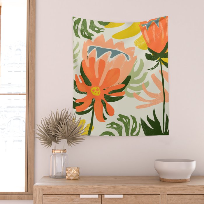 Flowers & Rain, Summer Floral Nature Botanical Painting, Modern Colorful Bohemian Illustration Wall Tapestry Gallery Image 2
