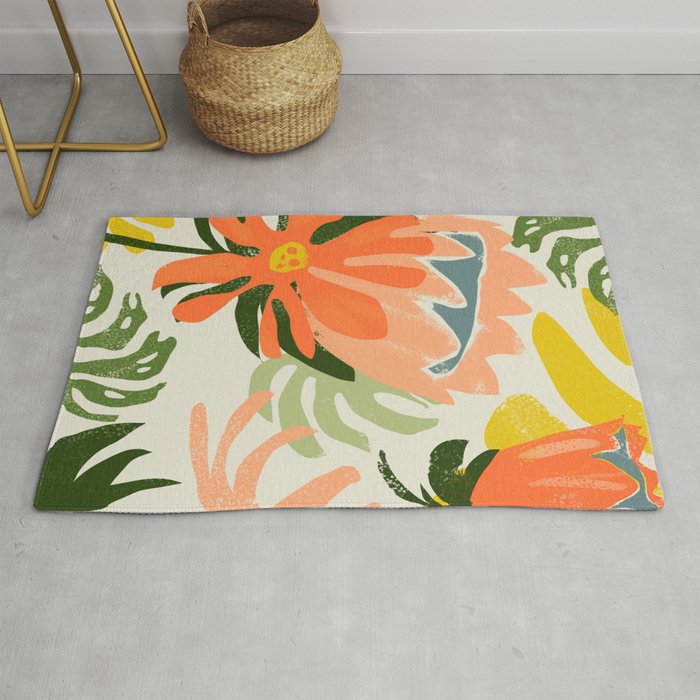 Flowers & Rain, Summer Floral Nature Botanical Painting, Modern Colorful Bohemian Illustration Rug Gallery Image 1