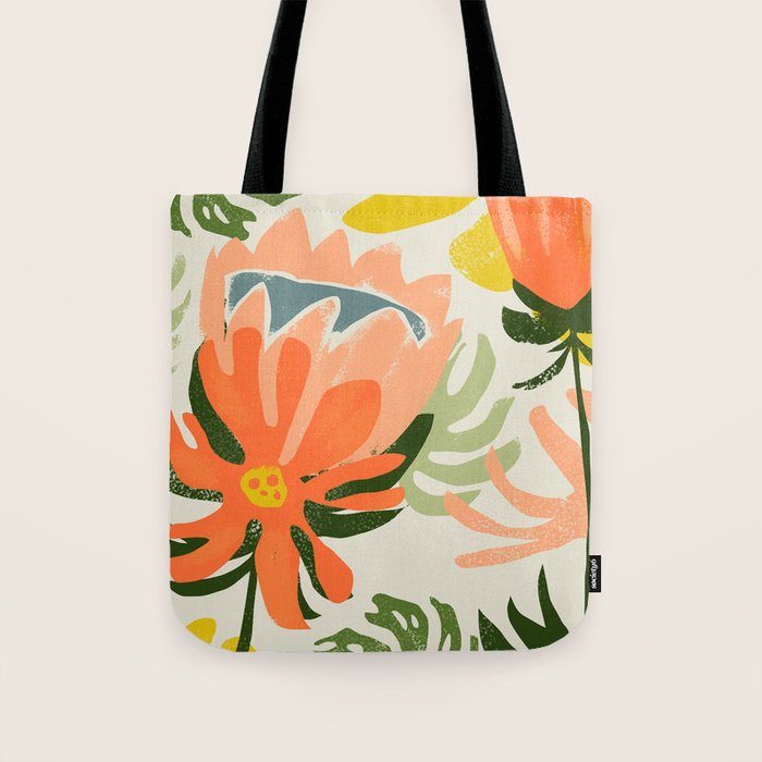 Flowers & Rain, Summer Floral Nature Botanical Painting, Modern Colorful Bohemian Illustration Tote Bag Gallery Image 1