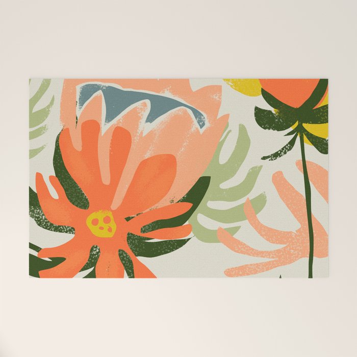 Flowers & Rain, Summer Floral Nature Botanical Painting, Modern Colorful Bohemian Illustration Welcome Mat Gallery Image 1