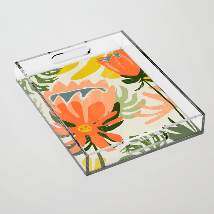 Flowers & Rain, Summer Floral Nature Botanical Painting, Modern Colorful Bohemian Illustration Acrylic Tray Gallery Image 1