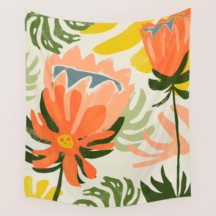 Flowers & Rain, Summer Floral Nature Botanical Painting, Modern Colorful Bohemian Illustration Wall Tapestry Gallery Image 4