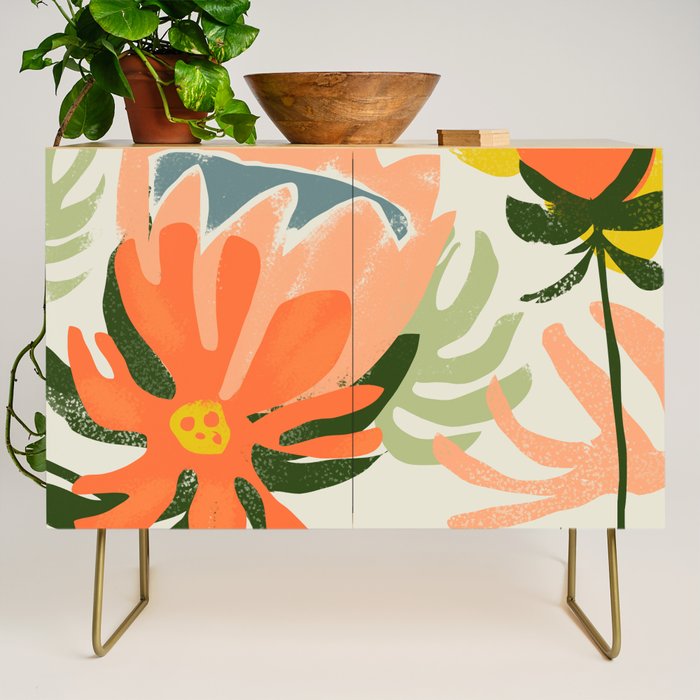 Flowers & Rain, Summer Floral Nature Botanical Painting, Modern Colorful Bohemian Illustration Credenza Gallery Image 1