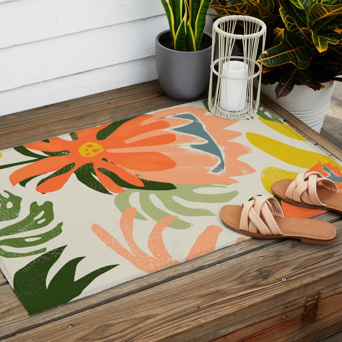 Flowers & Rain, Summer Floral Nature Botanical Painting, Modern Colorful Bohemian Illustration Outdoor Rug Gallery Image 2