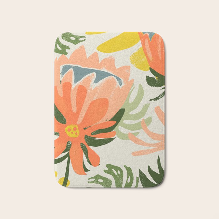 Flowers & Rain, Summer Floral Nature Botanical Painting, Modern Colorful Bohemian Illustration Bath Mat Gallery Image 1