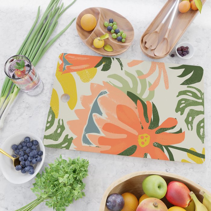 Flowers & Rain, Summer Floral Nature Botanical Painting, Modern Colorful Bohemian Illustration Cutting Board Gallery Image 2