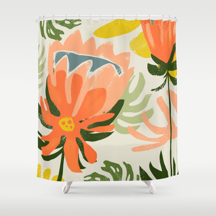 Flowers & Rain, Summer Floral Nature Botanical Painting, Modern Colorful Bohemian Illustration Shower Curtain Gallery Image 1
