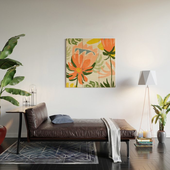 Flowers & Rain, Summer Floral Nature Botanical Painting, Modern Colorful Bohemian Illustration Wood Wall Art Gallery Image 2