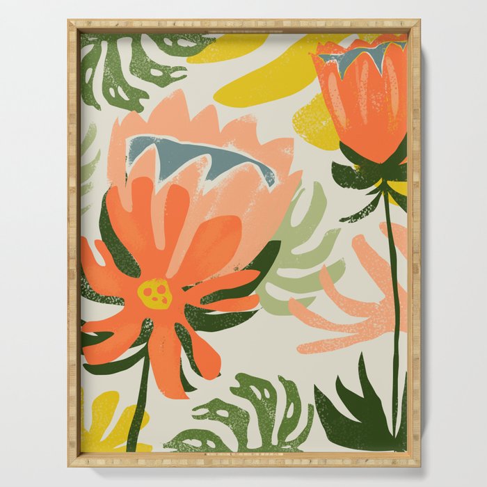 Flowers & Rain, Summer Floral Nature Botanical Painting, Modern Colorful Bohemian Illustration Serving Tray Gallery Image 1
