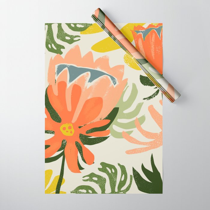 Flowers & Rain, Summer Floral Nature Botanical Painting, Modern Colorful Bohemian Illustration Wrapping Paper Gallery Image 1