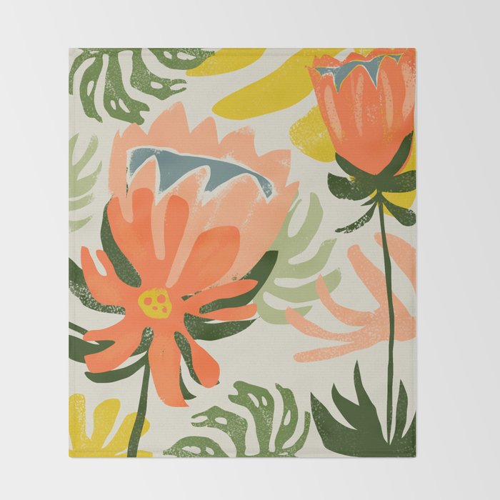 Flowers & Rain, Summer Floral Nature Botanical Painting, Modern Colorful Bohemian Illustration Throw Blanket Gallery Image 2