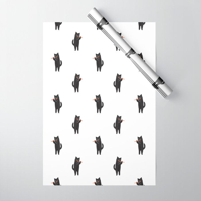 Black cat with flute Wrapping Paper Gallery Image 1