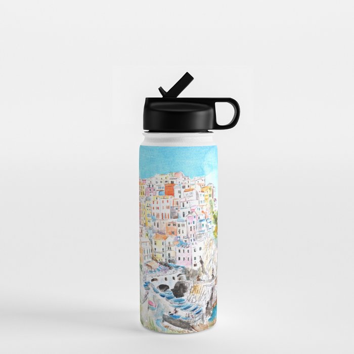 Italy Cinque Terre watercolor painting Water Bottle Gallery Image 1