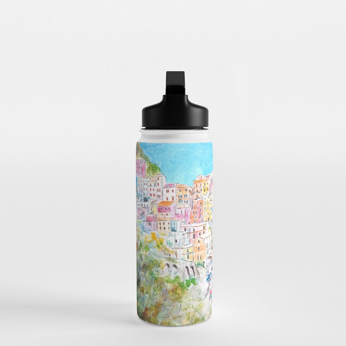 Italy Cinque Terre watercolor painting Water Bottle Gallery Image 3