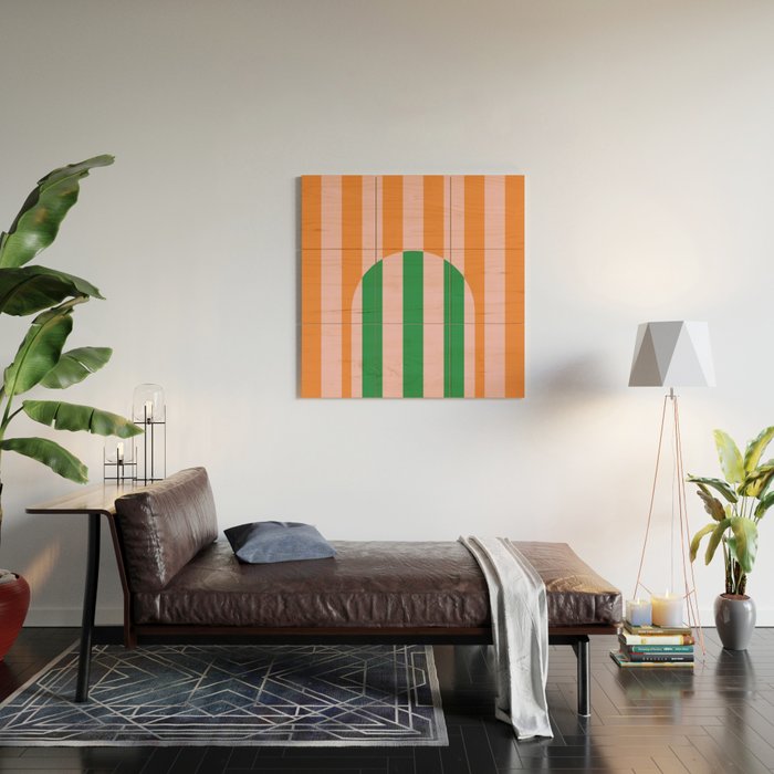 Striped Archway Bold Color Block Pattern in Pink, Green, and Orange Wood Wall Art Gallery Image 2
